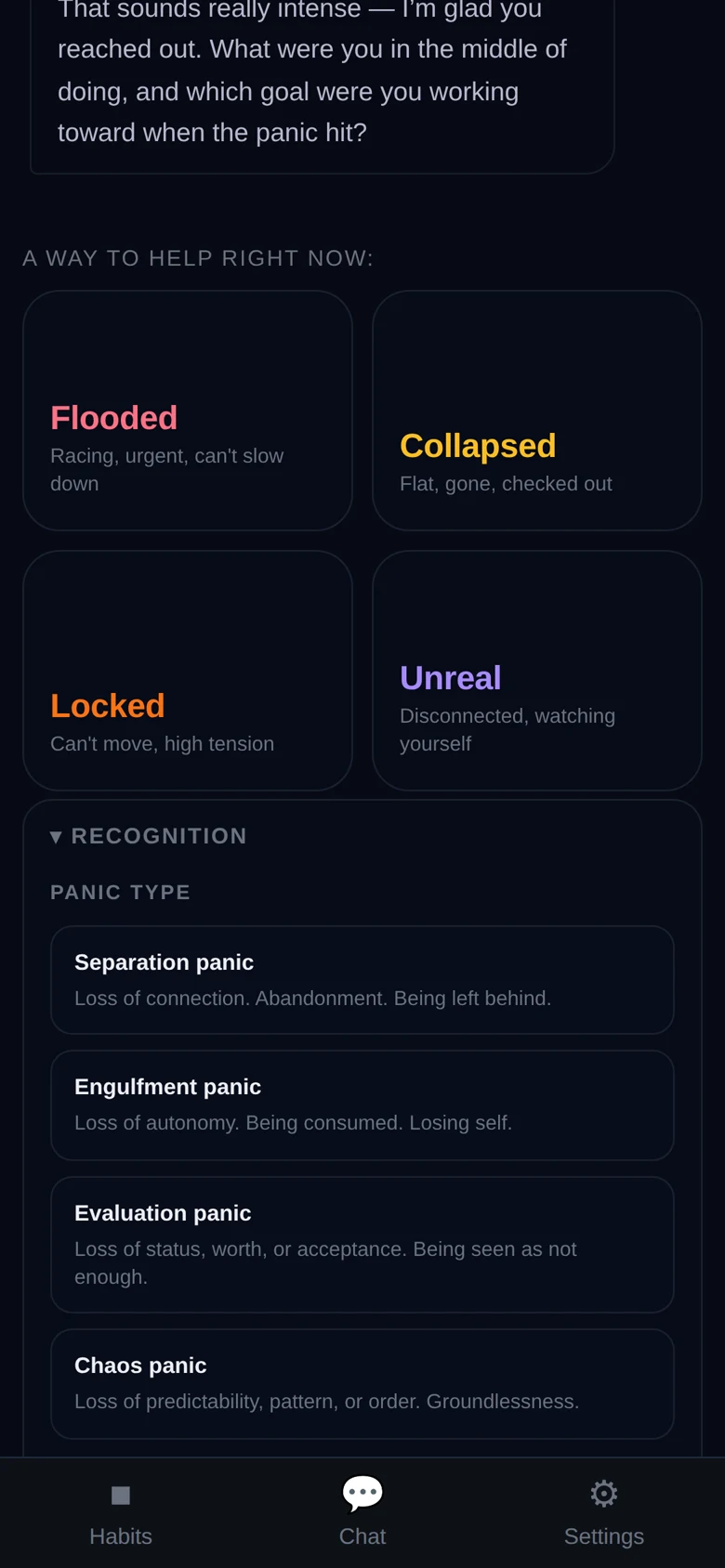 After the AI responds, four body-state tiles appear: Flooded, Collapsed, Locked, Unreal — plus the four panic types for recognition
