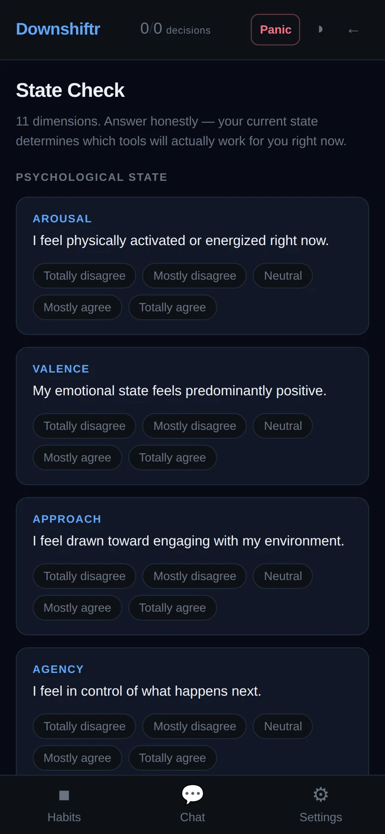 State Check questionnaire asking about arousal, valence, approach, and agency with five agreement options each